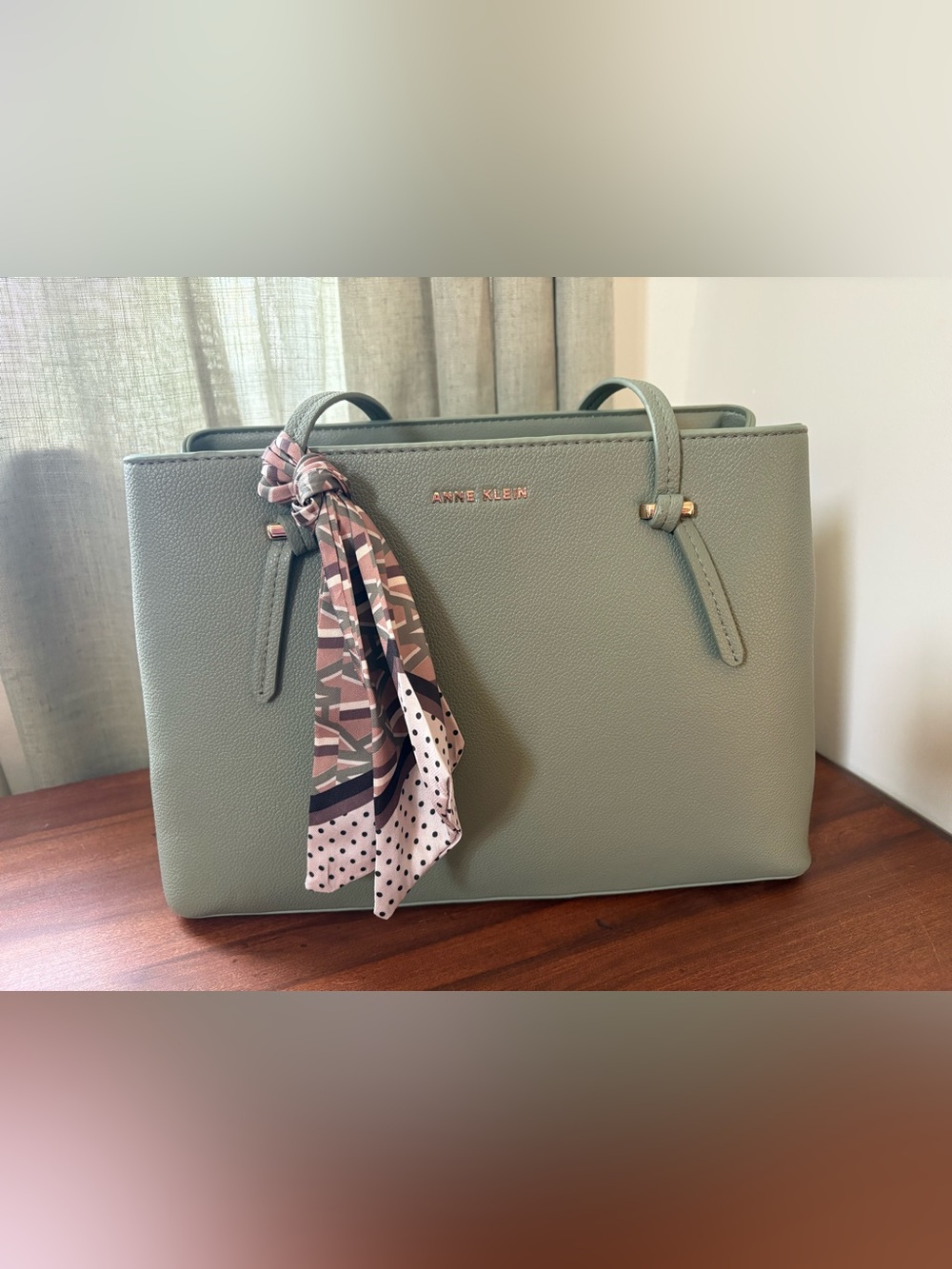 Anne Klein Mint Green Tote with Patterned Scarf Accent